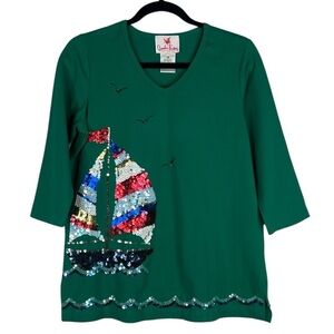 The Quaker Factory Dark Green Sequin Sailboat V-Neck 3/4 Sleeve Summer Top XS